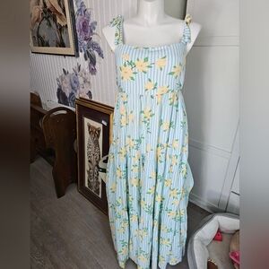 Draper James RSVP XL Turquoise White Stripe Floral Tiered Maxi Dress Linen Blend